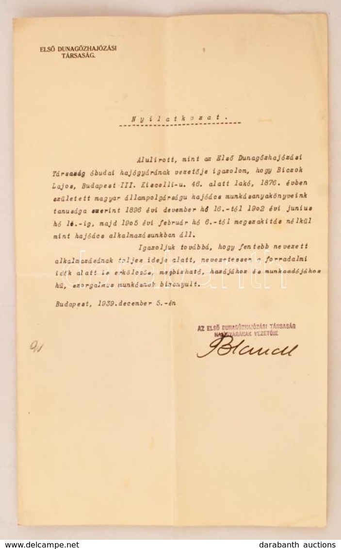 1939 DDSG Első Dunagőzhajózási Társaság Nyilatkozata Arról, Hogy Dolgozója Alkalmazásában állt és A Forradalom Idején Is - Zonder Classificatie