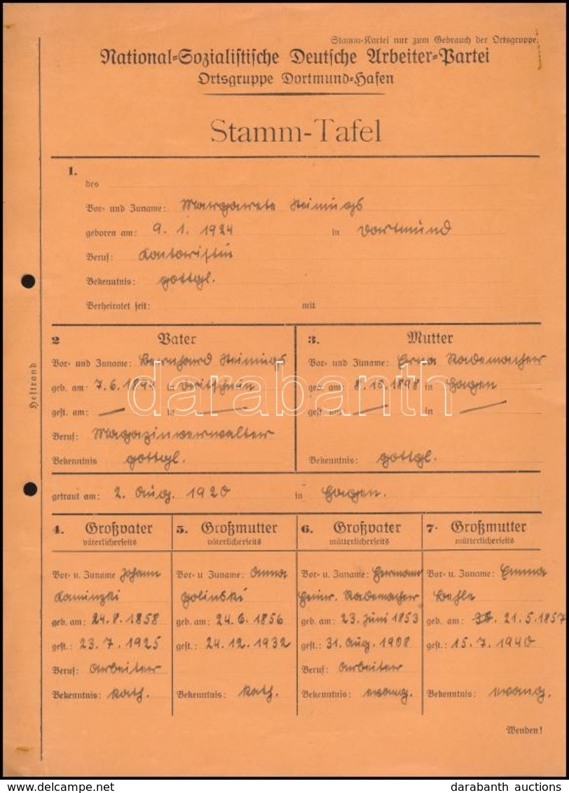 Cca 1940 Az NSDAP Tagjának Leszármazási Tábláját Tartalmazó Karton / Family File Of Nazi Party Member - Unclassified