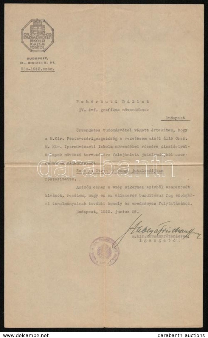 1942 Az Országos Iparművészeti Iskola Elismerő Oklevele Fehérkuti Bálint építész, Iparművésznek,   Szablya-Fischauf Fere - Unclassified