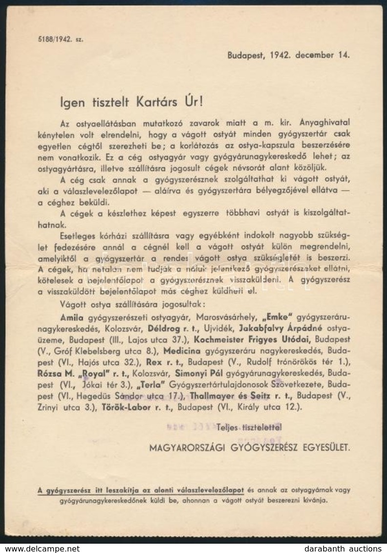 1942 Bp., A Magyarországi Gyógyszerész Egyesület Körlevele Ostyaszállítás ügyében - Unclassified