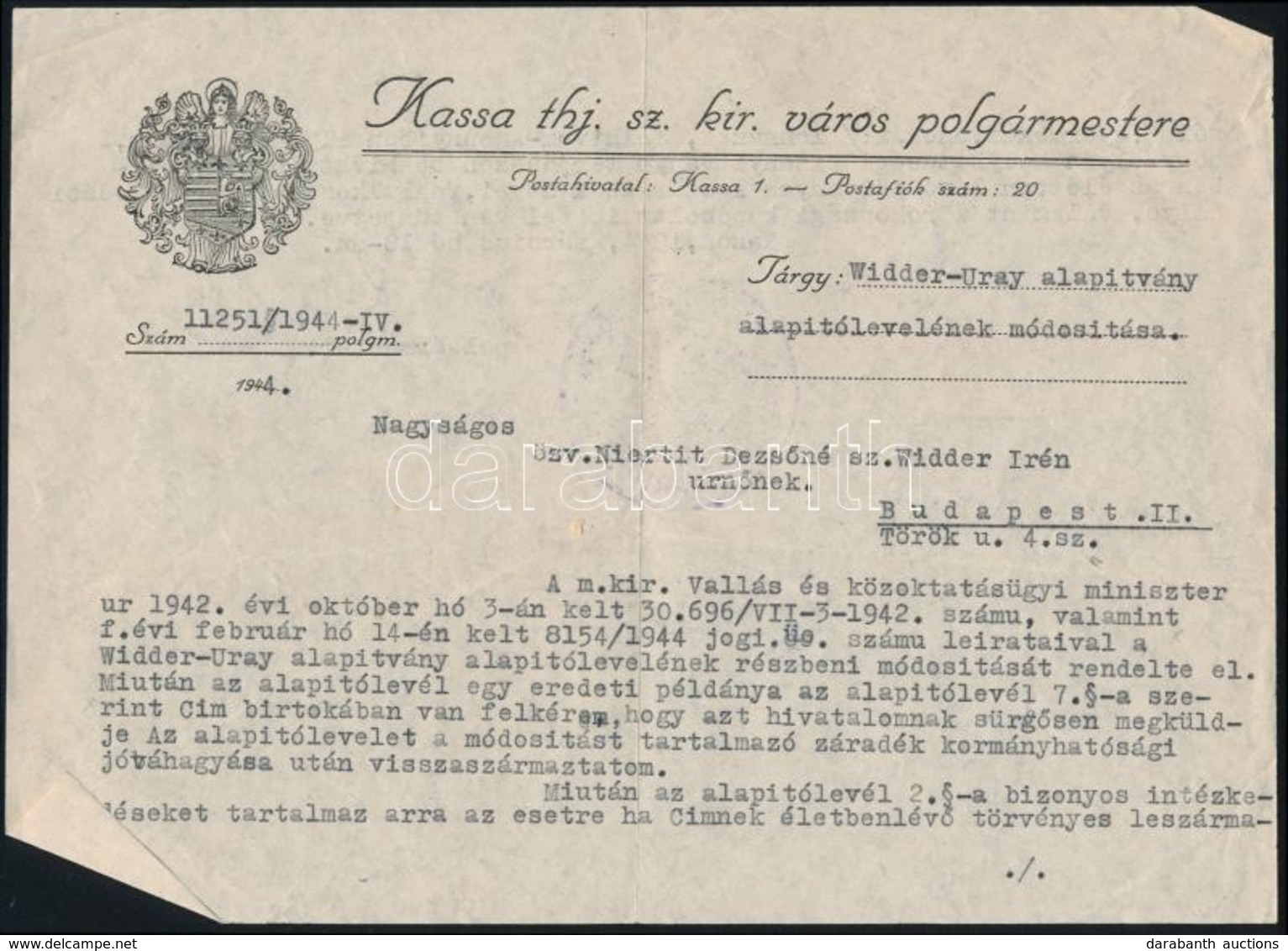 1944 Irat Pohl Sándor Kassai Polgármester Aláírásával - Zonder Classificatie