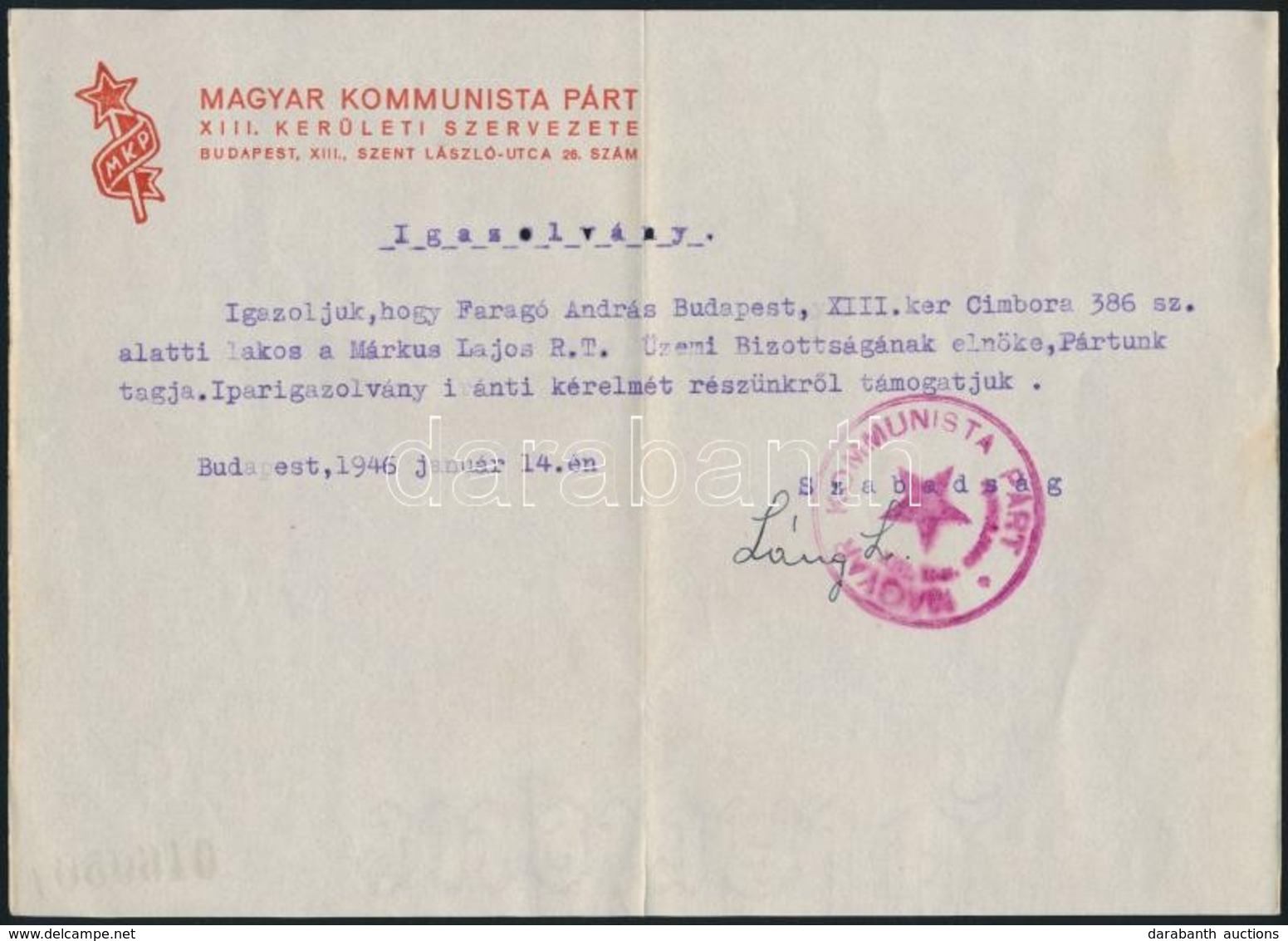 1946 Magyar Kommunista Párt XIII. Kerültei Szervezetének Igazoló Irata, Pecséttel, Aláírással - Zonder Classificatie