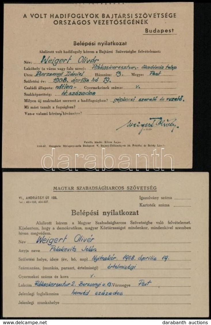 1948 Belépési Okmányok: Nemzeti Parasztpárt, Volt Hadifoglyok Bajtársi Szövetsége, FkGP, Stb - Unclassified