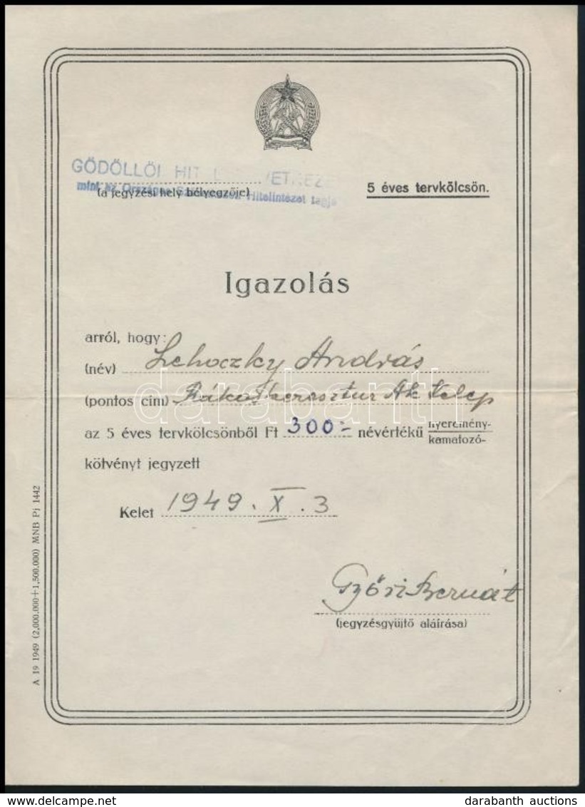 1949 Tervkölcsön Jegyzési Igazolás - Unclassified