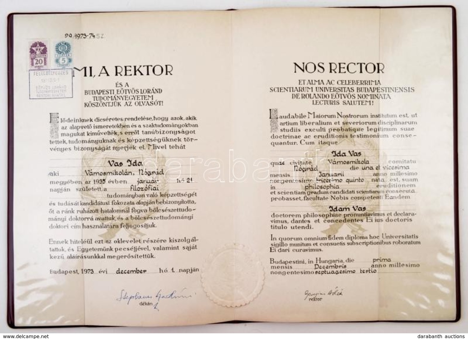 1973 Bp., Budapesti Eötvös Loránd Tudományegyetem által Kiállított Filozófiai Doktori Diploma - Zonder Classificatie