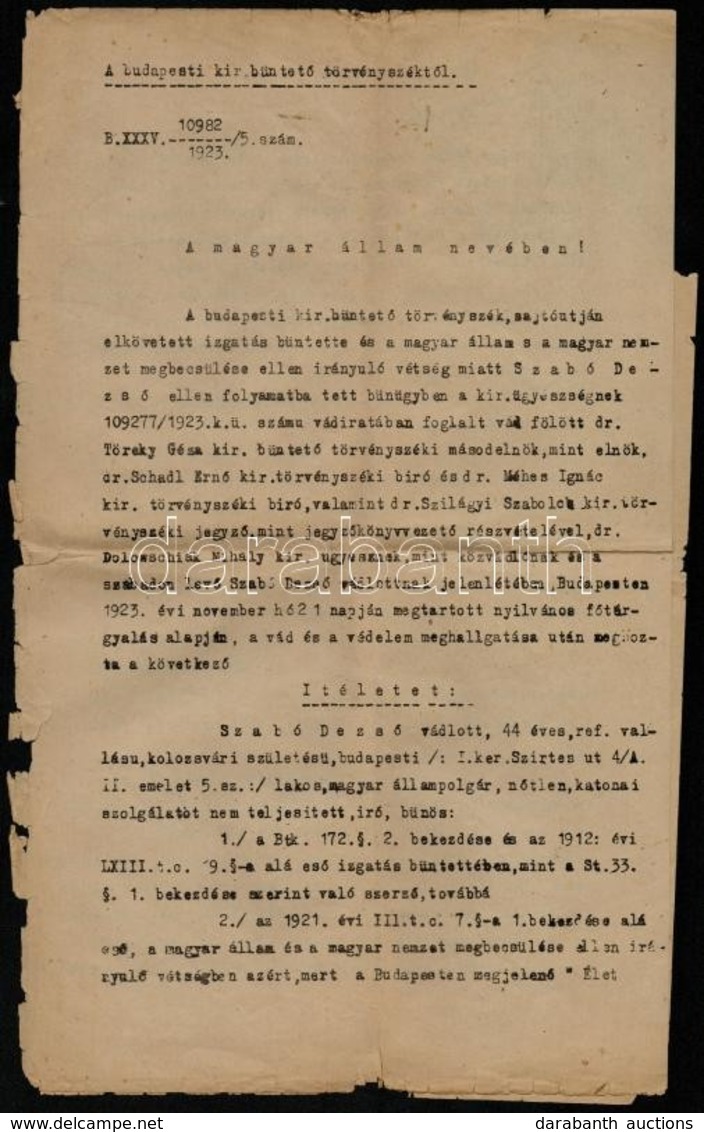 1923 Szabó Dezső (1879-1945) író Ellen Hozott ítélet A Budapesti Kir. Büntető Törvényszéktől,  A Magyar Nemzet Megbecsül - Unclassified