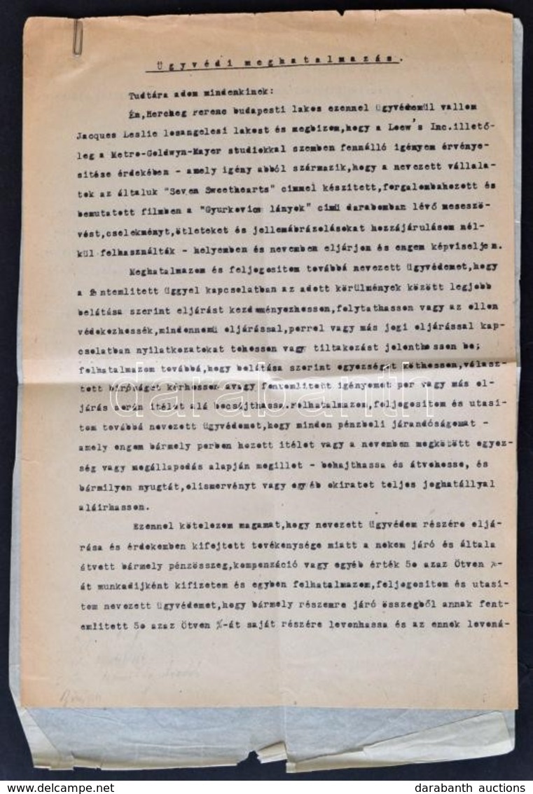 1948 Herczeg Ferenc (1863-1954) ügyvédi Meghatalmazás Másolata és Angol Nyelvű Fordítás Másolata A Jacques Leslie Los An - Unclassified