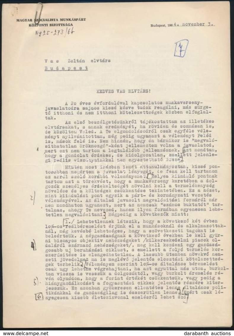 1964 Nyers Rezső Saját Kézzel Aláírt Levele Vas Zoltán (1903-1983) író, 56-os államminiszter Részére Melyben A Neki írt  - Unclassified