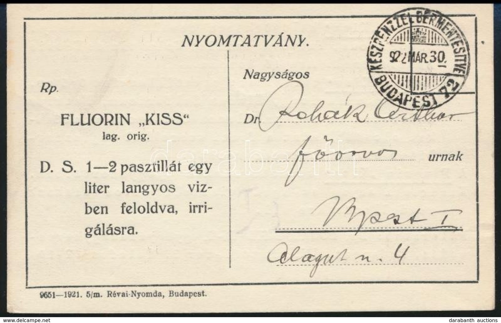 1922 Fluorin 'Kiss' Pasztilla Reklámkártyája - Reclame