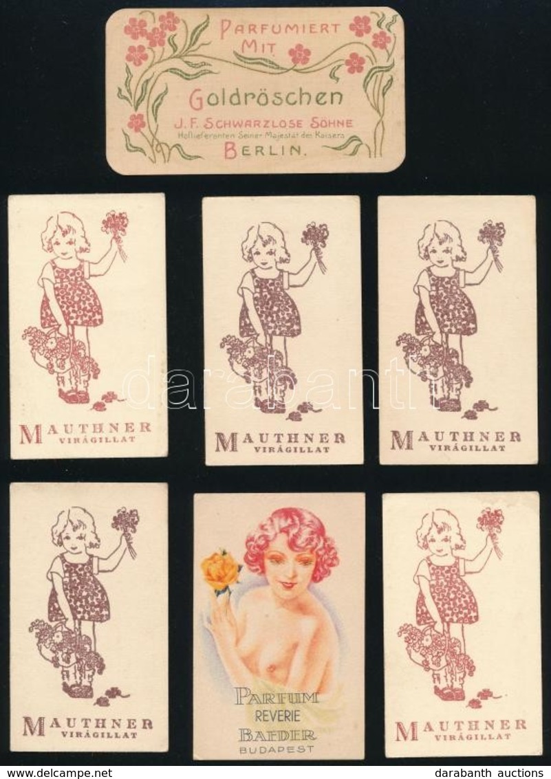 Cca 1920-1940 7 Db Illat Kártya, Közte: Mauthner Virágillat (5 Db), Bp., Baeder Parfum Reverie, Berlin, J. F. Scharzlose - Advertising