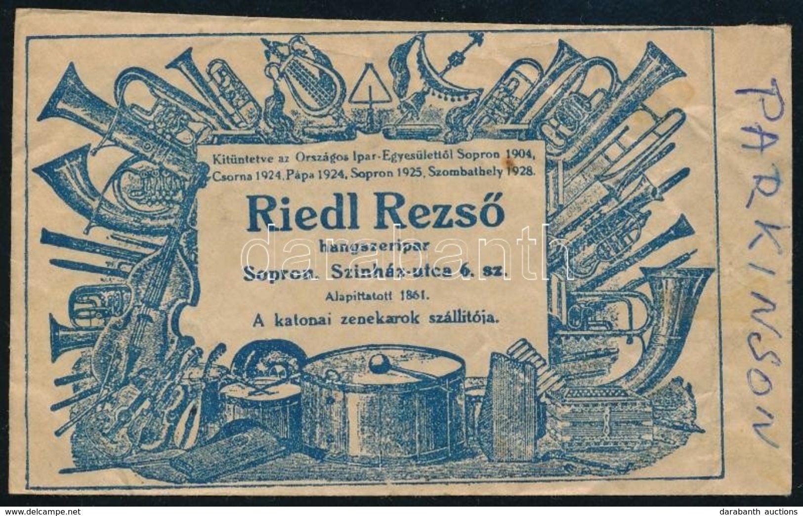 Cca 1930 Sopron, Riedl Rezső Hangszerkészítő Dekoratív Papírtasakja, 6,5×11 Cm - Reclame