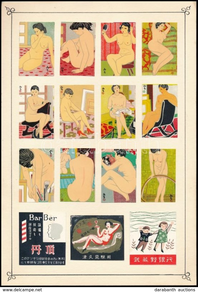 Cca 1950 127 Db Japán Gyufacímke, Közte Erotikusak Is, 8 Db Kartonlapra Ragasztva - Ohne Zuordnung