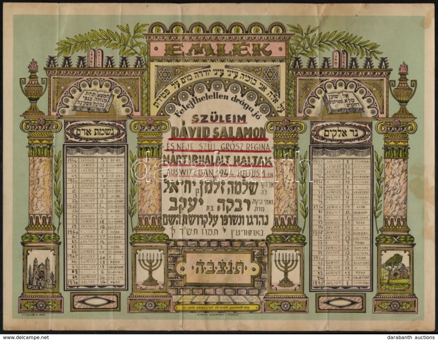 1946 Emléklap Auschwitzban Elhalt Szülők Emlékére. Színes Litográfia.  / Lithographic Memorial For Parents Died In Ausch - Other & Unclassified