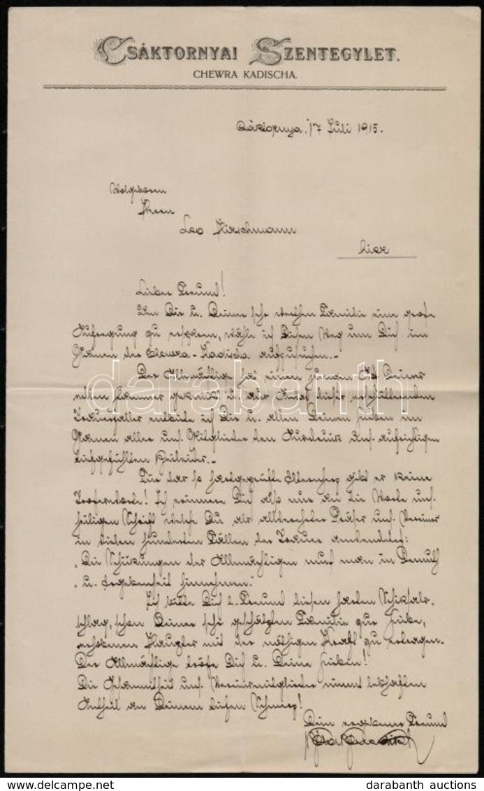 1915 Csáktornya, A Csáktornyai Szentegylet Chewra Kadischa Vezetőjének Jiddis Nyelvű Levele - Andere & Zonder Classificatie