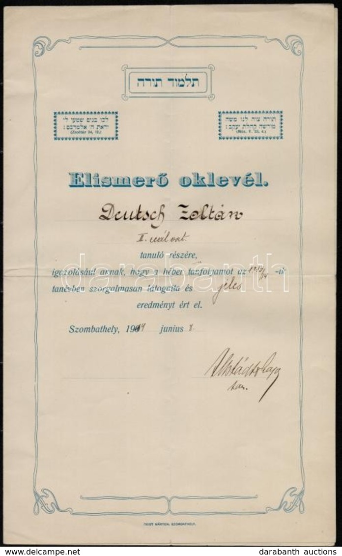 1914 Szombathely, Elismerő Oklevél II. Reál Osztályos Tanuló Részére, Hogy A Héber Tanfolyamot Szorgalmasan Látogatta és - Other & Unclassified