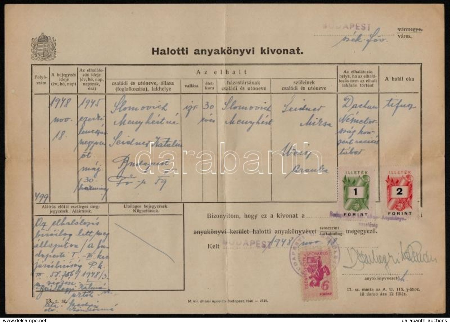 1948 1945-ben. Dachauban A Koncentrációs Táborban Meghalt Zsidó Személy, 1948. Nov. 18-án Kiállított Halotti Anyakönyvi  - Other & Unclassified