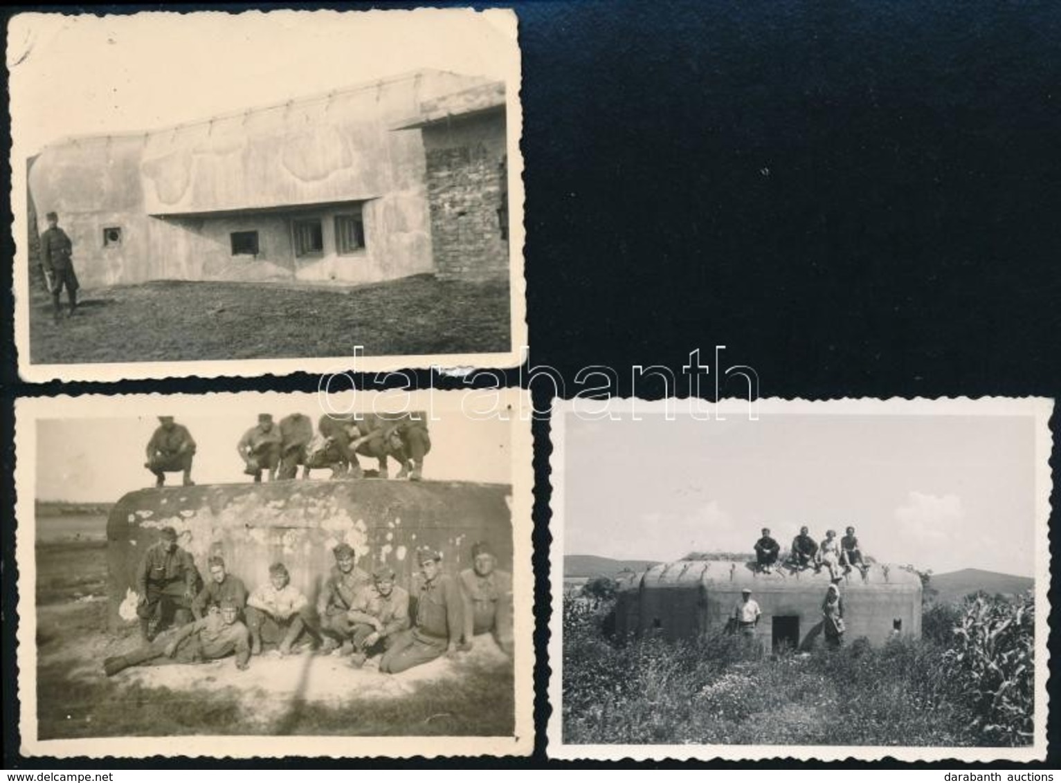 Cca 1941 II. Világháborús Bunker Katonákkal és Civilekkel, 3 Db Fotó, 6x9 Cm - Andere & Zonder Classificatie