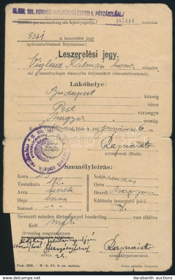 1944 Leszerelési Jegy Honvéd Részére - Other & Unclassified