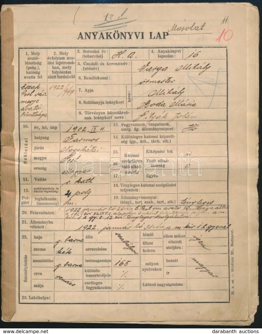 1944 Őrmester, Majd Törzsőrmester Minősítvényi Táblázata, és Anyakönyvi Lapjának Másolata. - Other & Unclassified