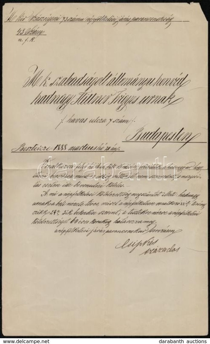 1888 Szászrégeni Népfölkelési Parancsnokság Levele Tartalékos Hadnagynak - Other & Unclassified