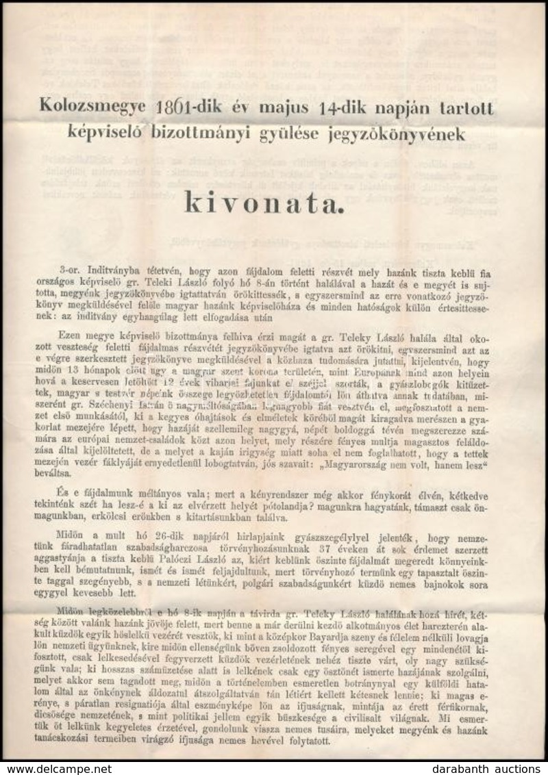 1861 Kolozs Vármegye Bizottmányának Levele Gr Teleki László Gyászhírével 3 Oldalon - Zonder Classificatie