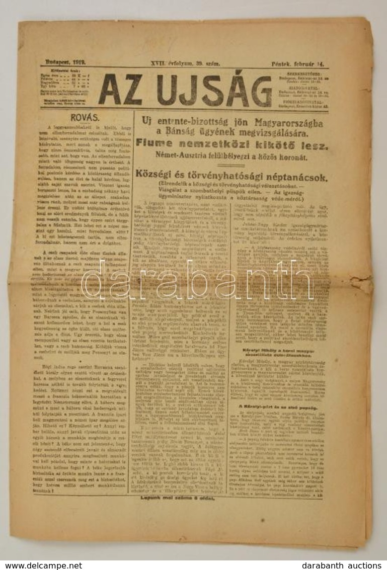 1919 Az Újság Ferbruár 14. Száma Fiume Sorsáról Való Tudósítással - Unclassified
