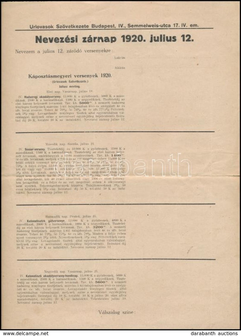 Cca 1920-1940 Urlovasok Szövetkezete Budapest Nevezési Zárnap + Nemzeti Lovarda Nagy Lovas Filmbemutató Szórólap - Zonder Classificatie