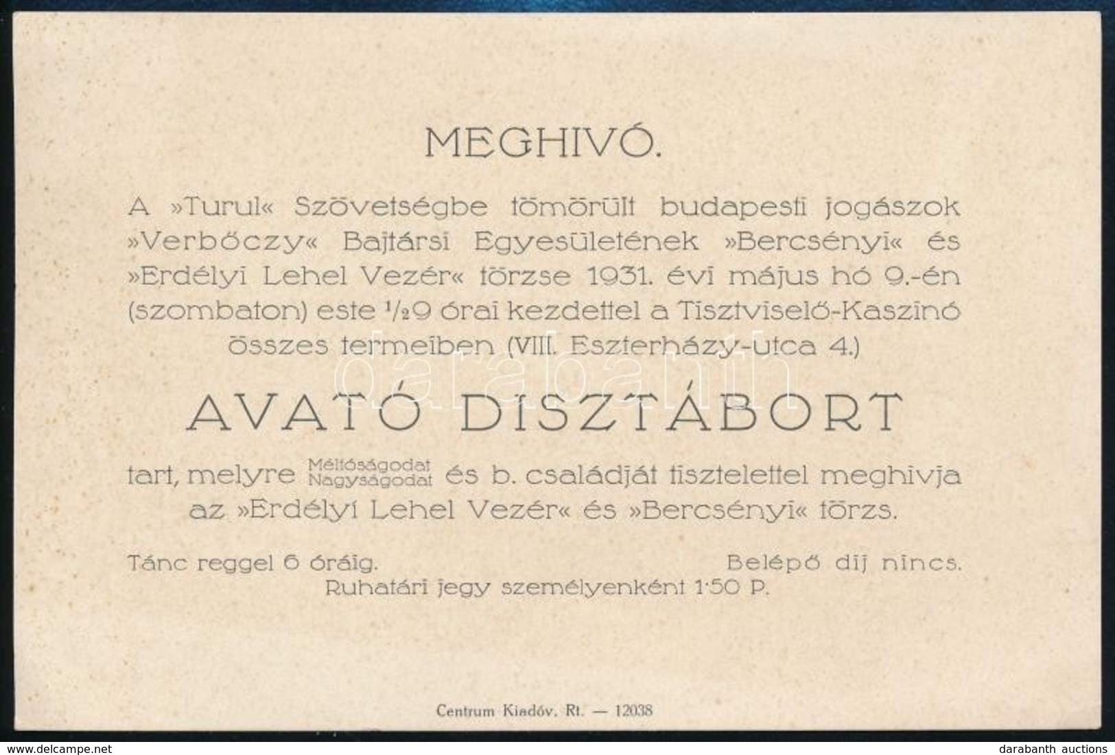 1931 Turul Szövetségbe Tömörült Jogászok Dísztáborába Szóló Meghívó - Zonder Classificatie