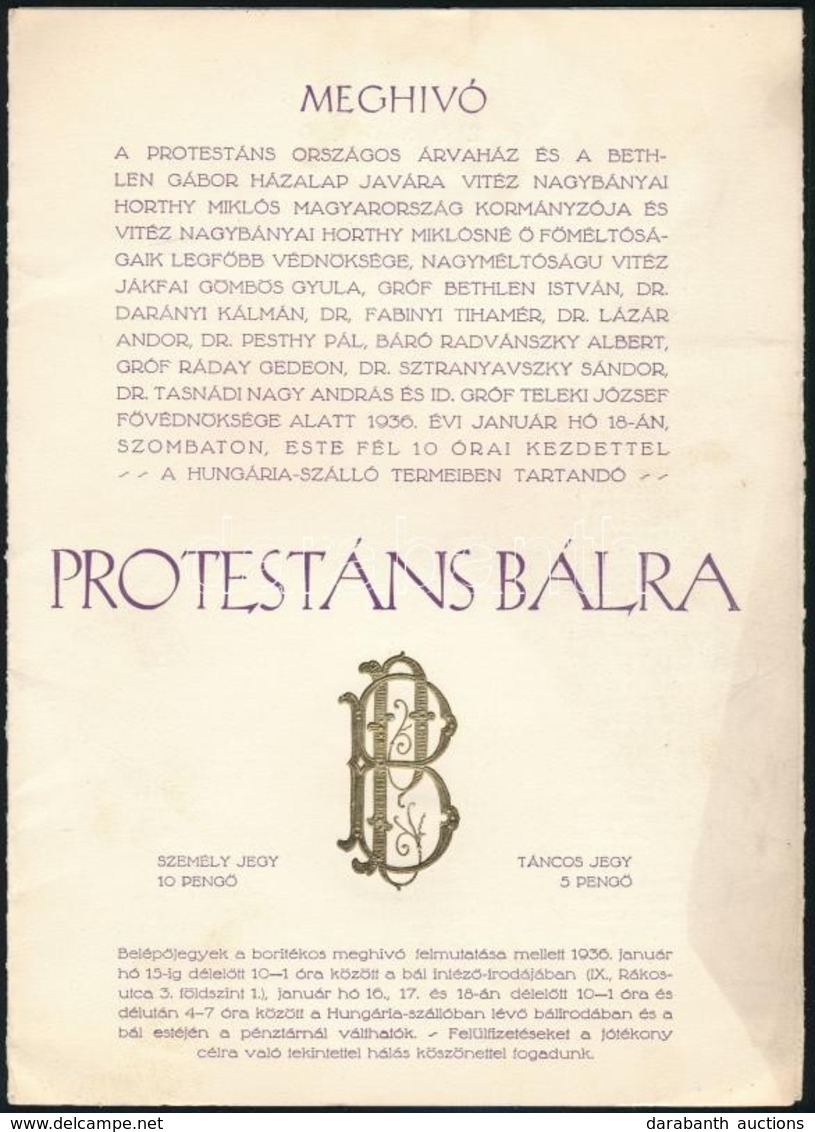 1936 Protestáns Bál Meghívója. Bp., Fráter és Társa-ny. Benne Számos Magas Rangú Személlyel, Közte: Horthy Miklós,Horthy - Zonder Classificatie