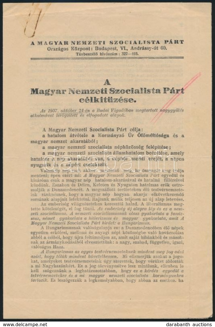 1937 A Magyar Nemzetiszocialista Pár Célkitűzése 4 Oldalas Pártprogram - Unclassified