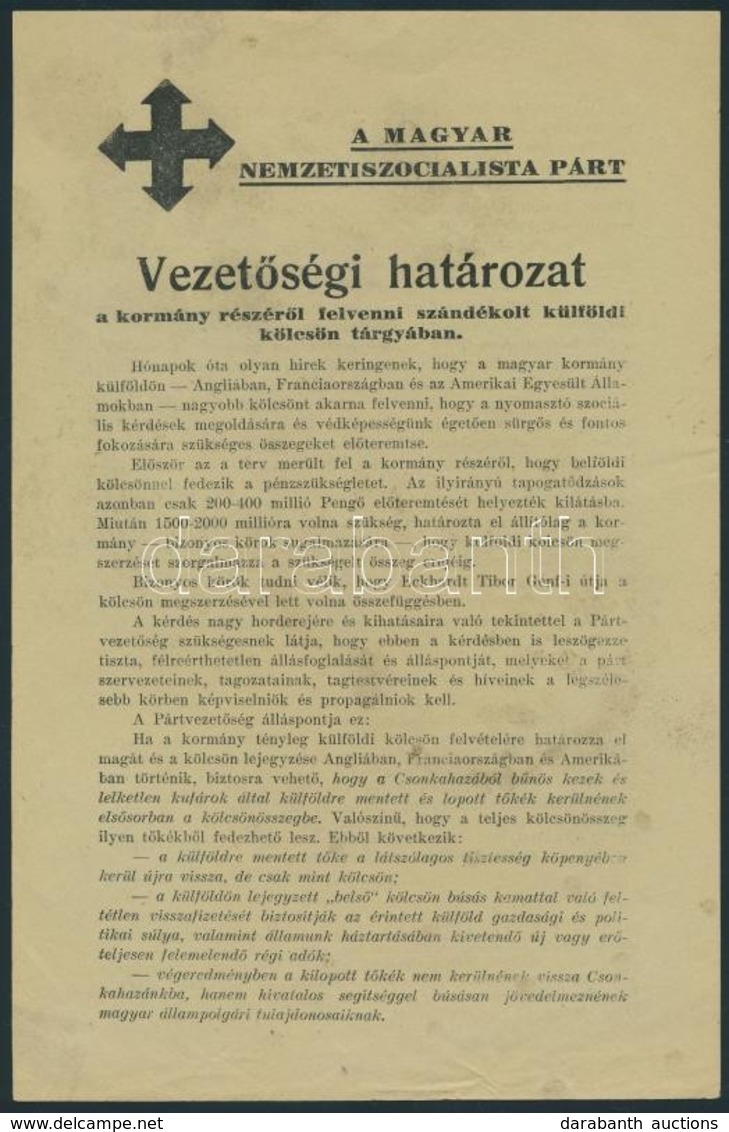 1938 Magyar Nemzetiszocialista Pár Vezetőségi Határozata. Tiltakozás Külföldi Kölcsönfelvétel Ellen - Unclassified