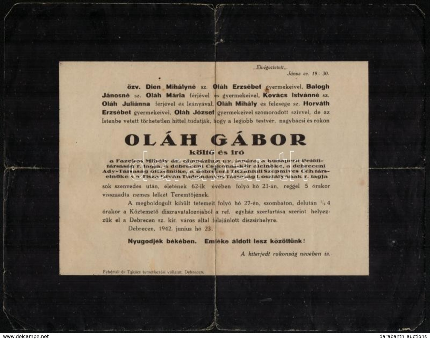 1942 Oláh Gábor (1881-1942) Költő, író, Halálozási értesítője, Szakadt. - Zonder Classificatie