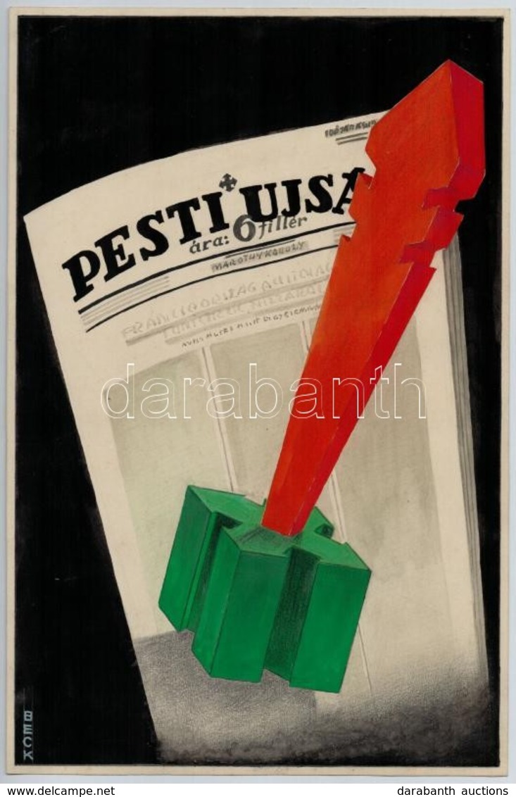 Cca 1939 Pesti Újság Nyilaskeresztes Lap Reklámplakát Terve, Jelzett (Beck), 38×24,5 Cm - Andere & Zonder Classificatie