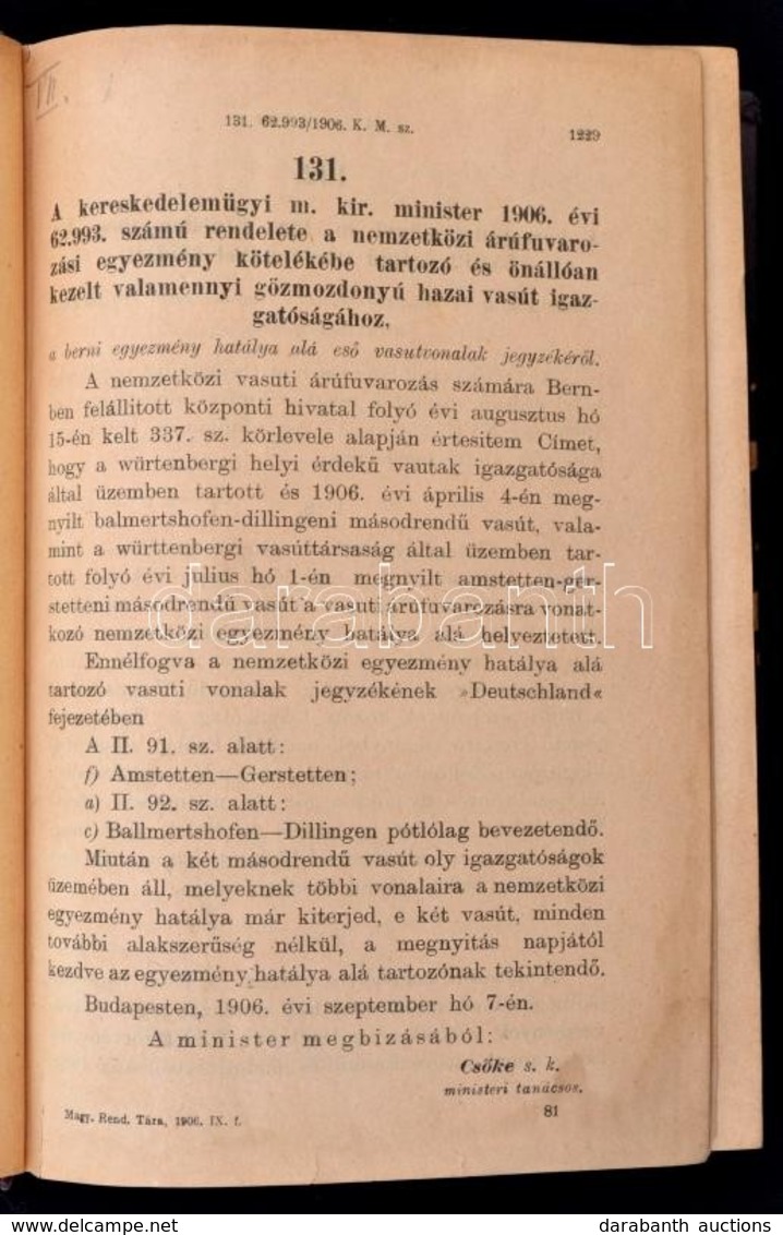 Magyarországi Rendeletek Tára. Negyvenedik Folyam. 1906. II. Kötet. Bp.,1907, Pesti Könyvnyomda Rt., 1229-2603 P. Korabe - Unclassified