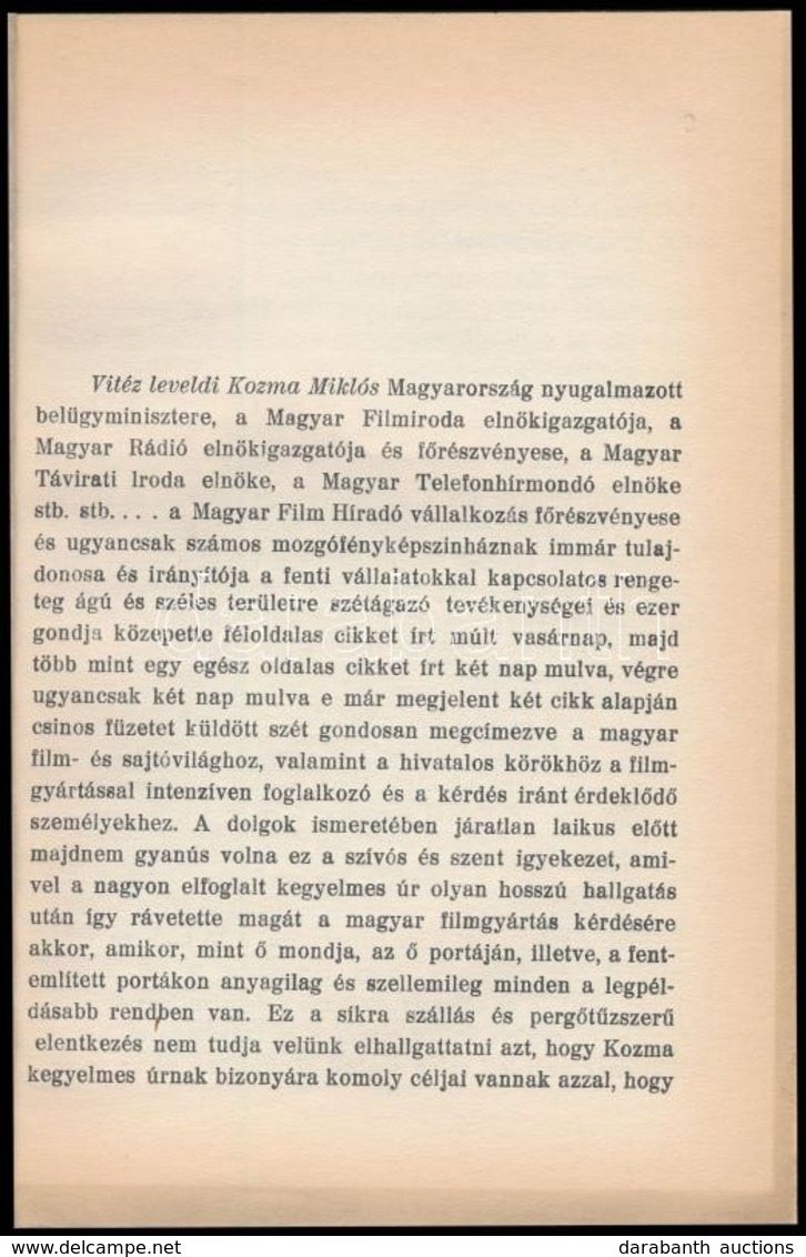 1939 [Kovács Gusztáv (1895-1969): Válasz Kozma Miklós: Hozzászólás A Játékfilmgyártás Válságához. Című Röpiratára. Bp.,1 - Unclassified