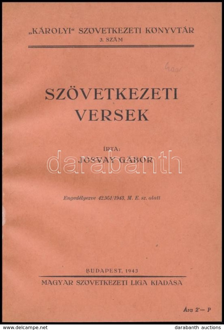 Jósvay Gábor (1876-1948) : Szövetkezeti Versek. 'Károlyi' Szövetkezeti Könyvtár 3. Szám. Bp.,1943, Magyar Szövetkezeti L - Unclassified