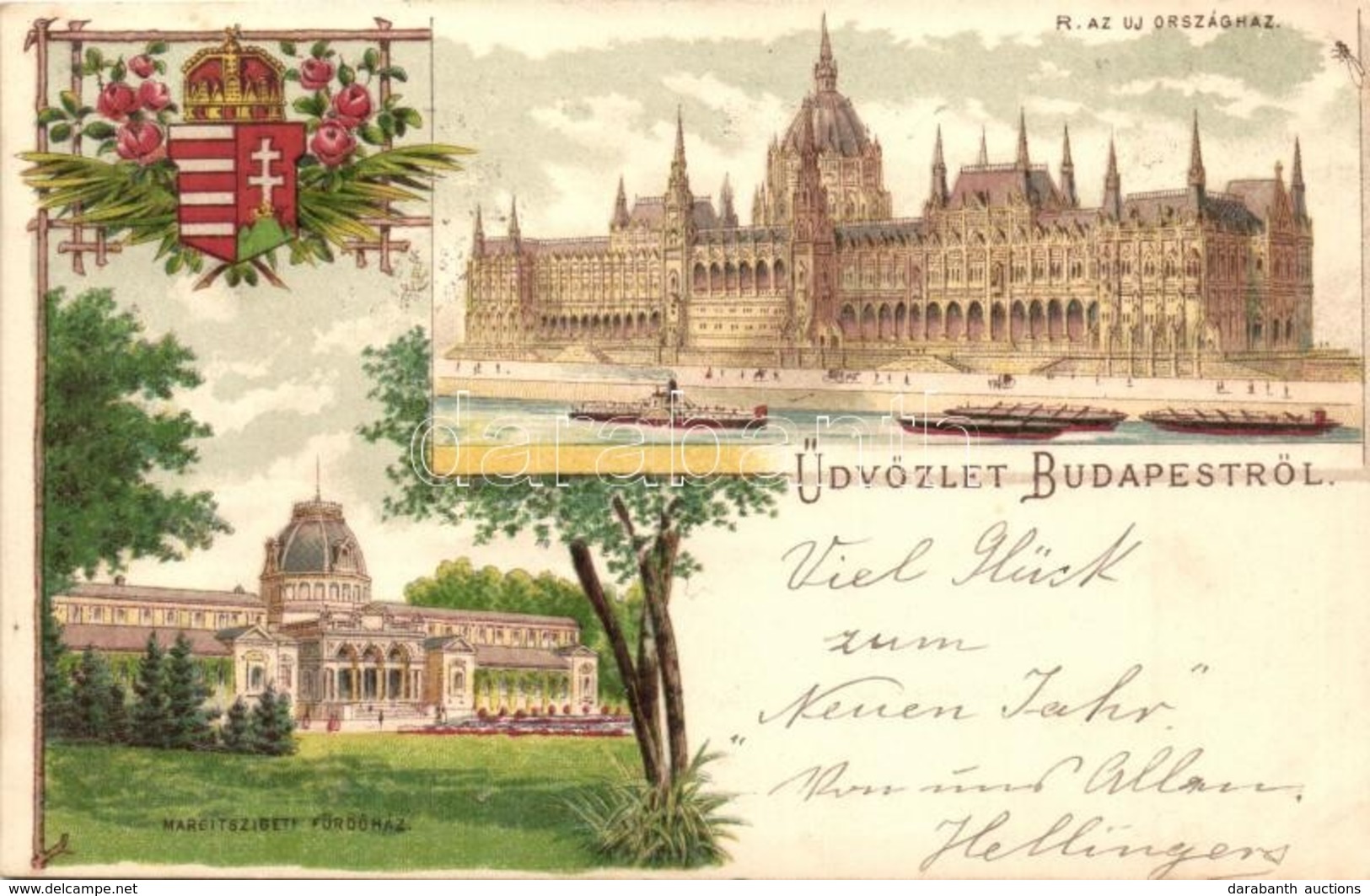 T2 1898 Budapest, Új Országház, Margitszigeti Fürdőház. Magyar Címeres Litho / Hungarian Coat Of Arms Litho - Unclassified