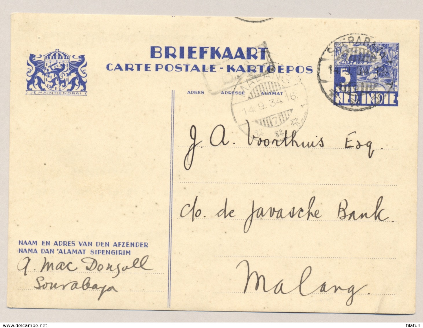 Nederlands Indië - 1934 - 5 Cent Karbouwen, Briefkaart G56 Van Soerabaja Naar LB MALANG/7 - Indes Néerlandaises