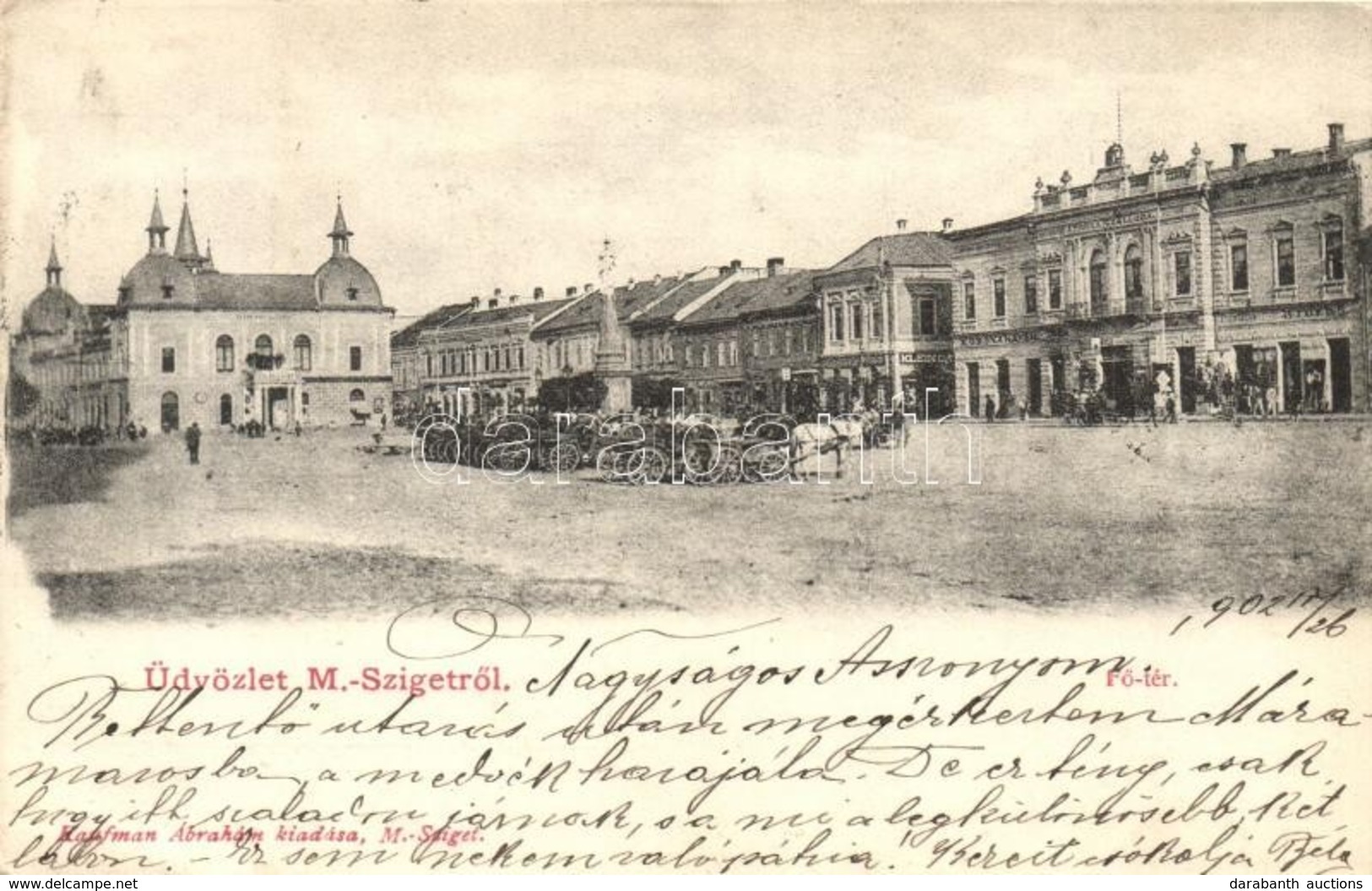 T2 1902 Máramarossziget, Sighetu Marmatiei; Fő Tér, Korona Szálloda, étterem és Kávéház, Klein D. üzlete. Kaufmann Ábrah - Unclassified