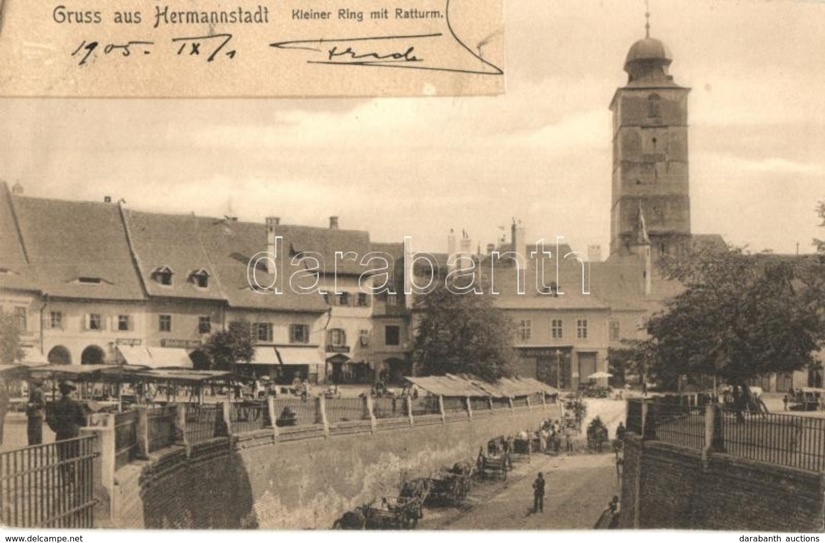 T2 1905 Nagyszeben, Hermannstadt, Sibiu; Kis Körút, Várostorony, Piac Bódék, üzletek / Kleiner Ring, Ratturm / Square, C - Zonder Classificatie