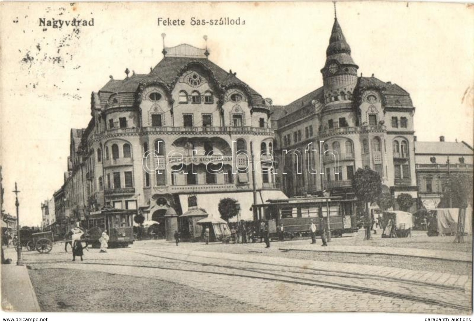 T2 1913 Nagyvárad, Oradea; Fekete Sas Szálloda, Villamosok, Cziller Imre és Grósz üzlete,  / Hotel, Shops, Trams - Unclassified