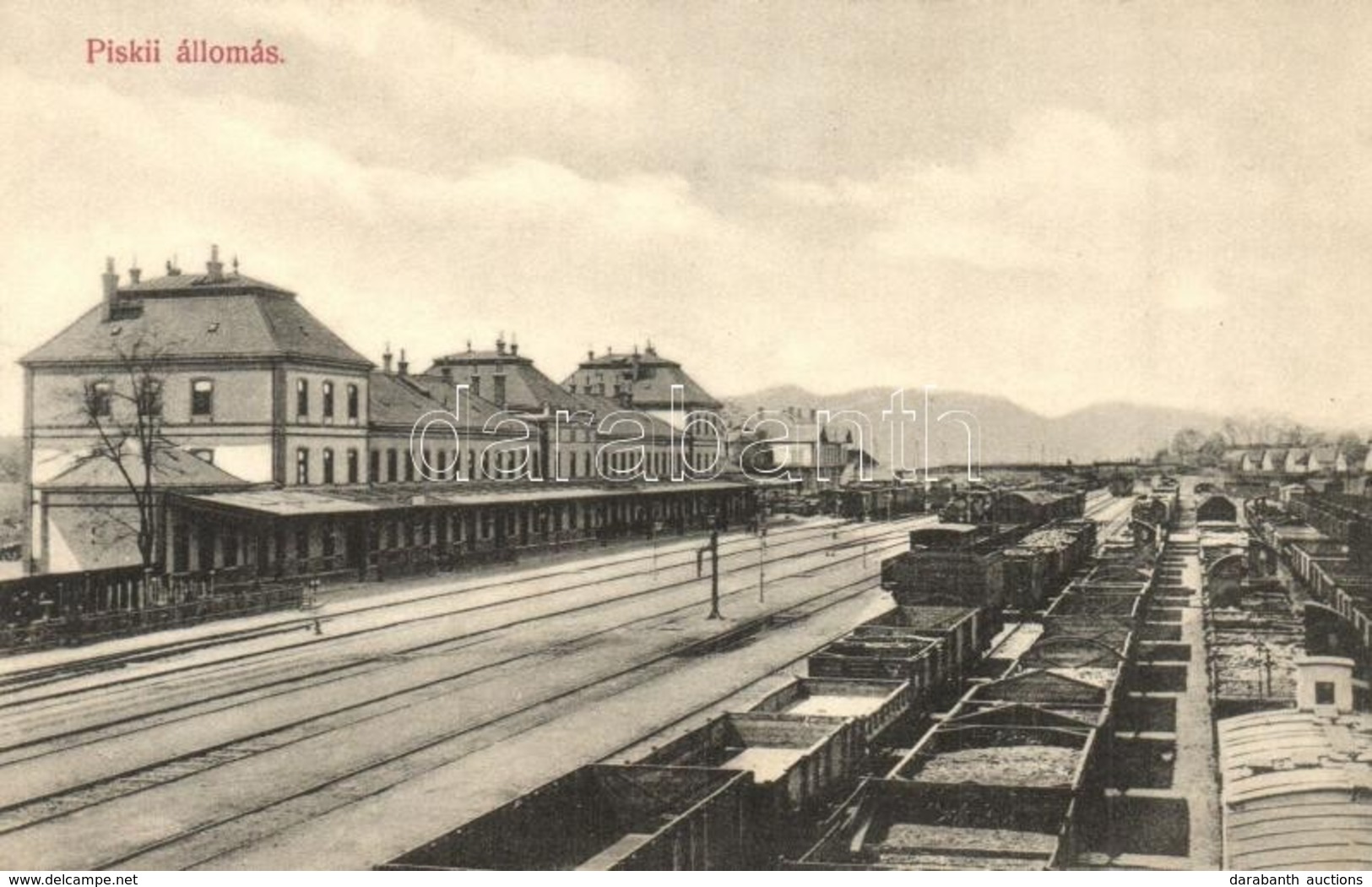 ** T1 Piski, Simeria; Vasútállomás, Tehervagonok. Adler Fényirda 1907. / Railway Station, Freight Wagons - Unclassified