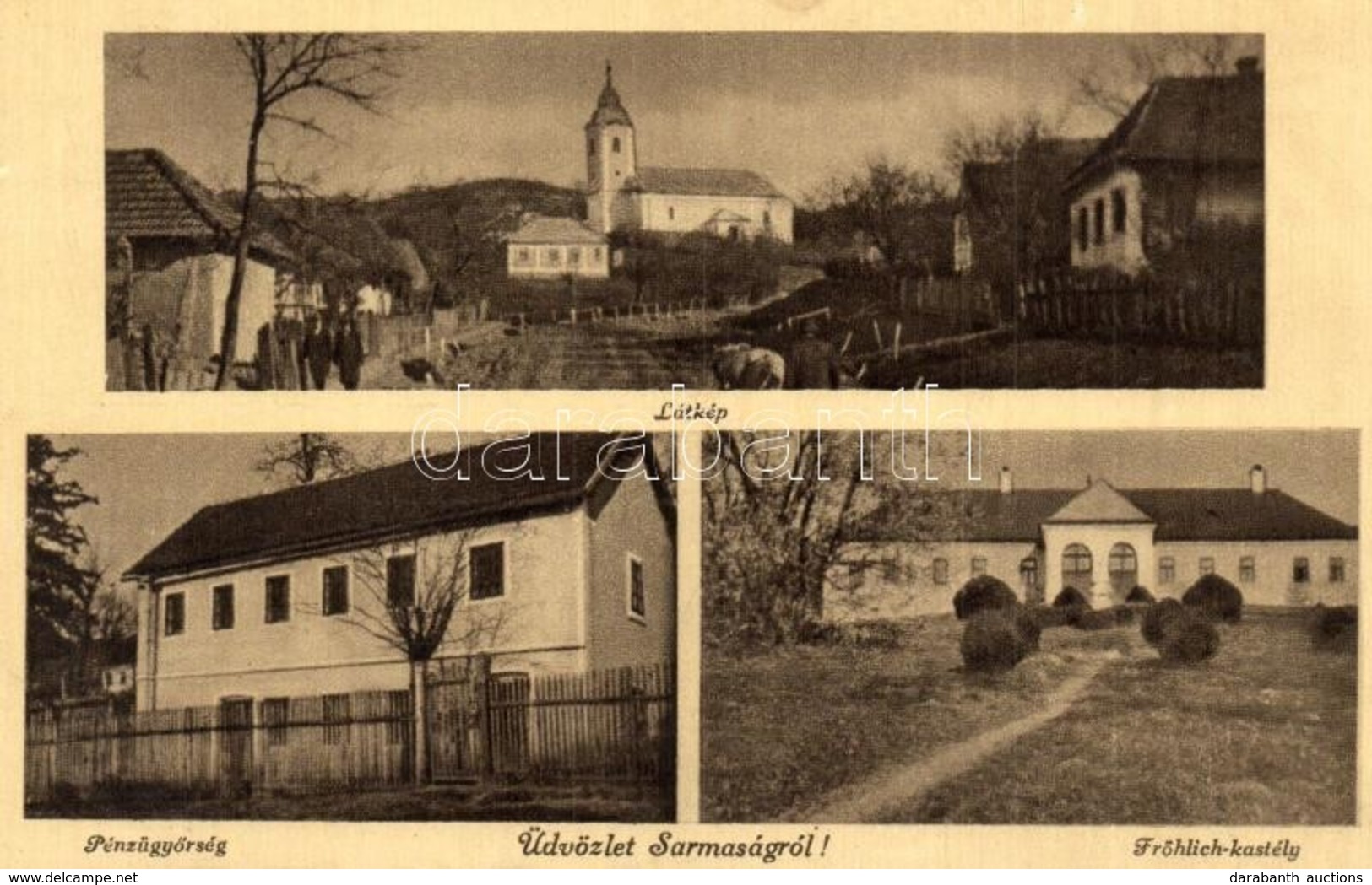 T2/T3 Sarmaság, Sarmasag; Látkép, Templom, Pénzügyőrség, Frőhlich Kastély / General View, Church, Finance Guard And Cust - Unclassified