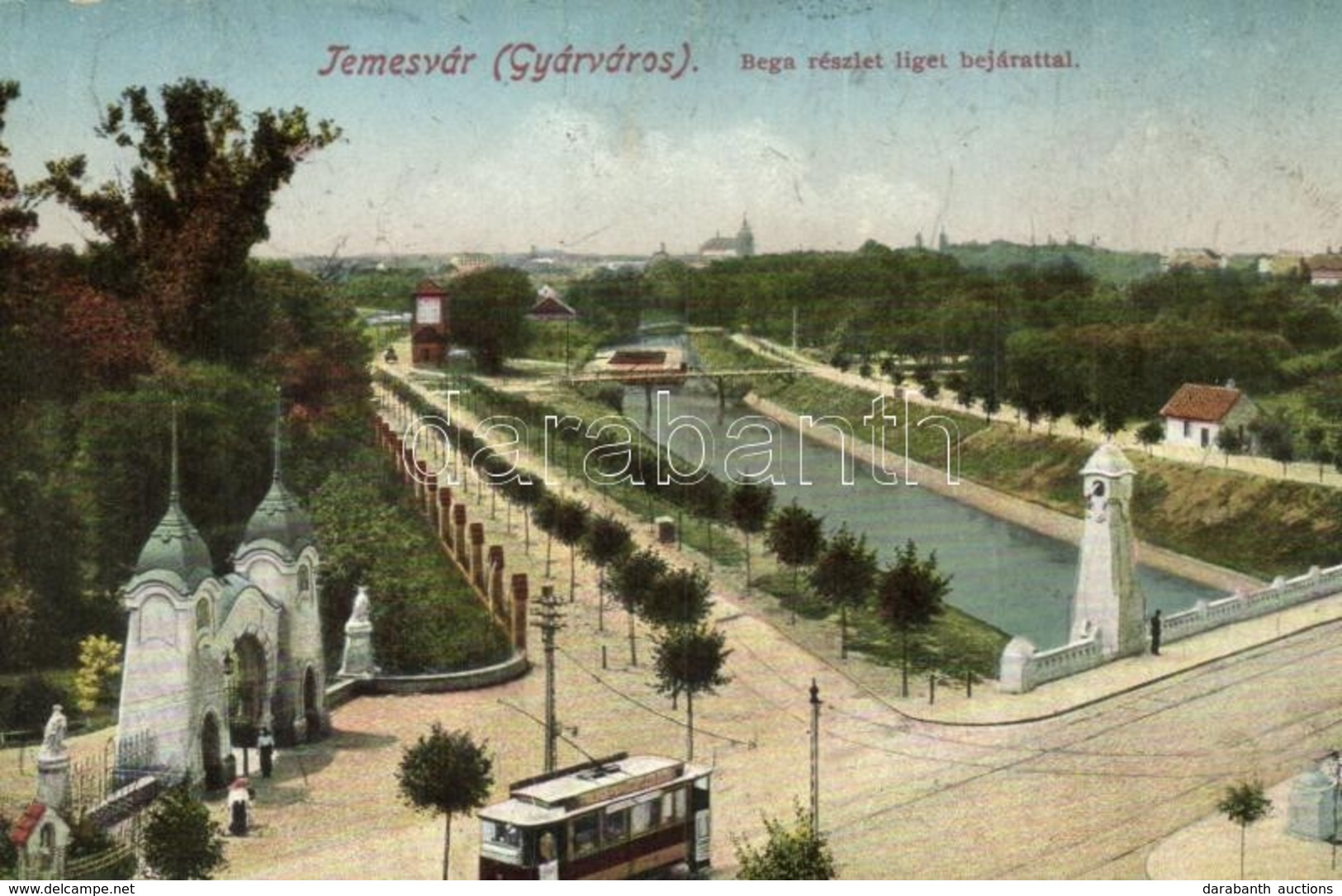 ** T3 Temesvár, Timisoara; Gyárvárosi Bega Részlet Liget Bejárattal, Híd, Villamos / Riverbank, Bridge, Tram, Park (Rb) - Zonder Classificatie