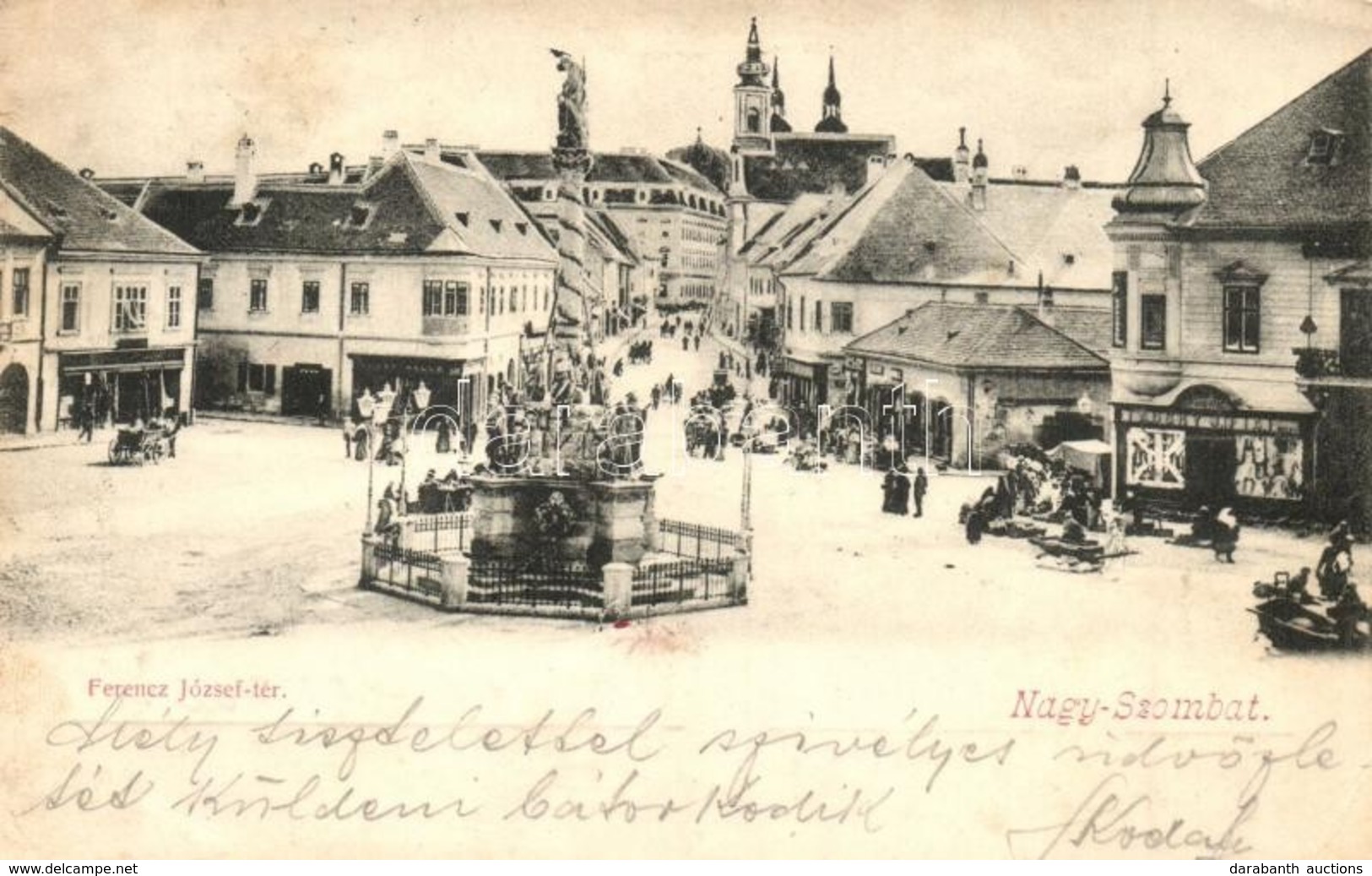 T2/T3 1905 Nagyszombat, Tyrnau, Trnava; Ferenc József Tér, Szentháromság Szobor, Josef Halle, Taushy J. és Fiai üzlete / - Unclassified