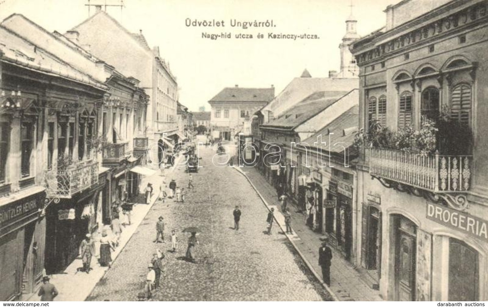 T2 1910 Ungvár, Uzshorod, Uzhorod; Nagy Híd Utca, Kazinczy Utca, Güntzler Henrik, Schwartz Dávid, Krausz üzlete, Drogéri - Unclassified