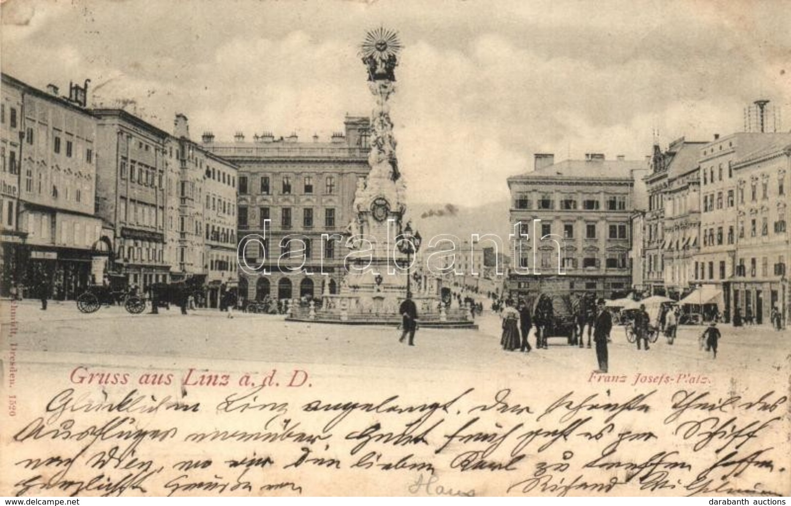 T2 1898 Linz, Franz Josefs Platz / Square, Trinity Statue, Shops - Ohne Zuordnung