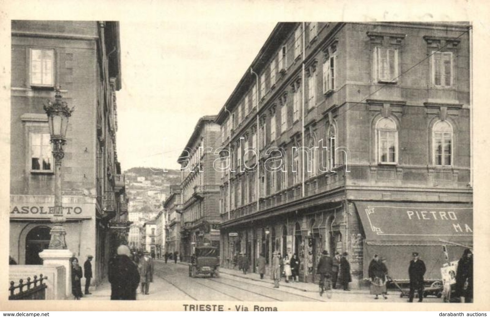 T2/T3 Trieste, Trieszt; Via Roma, Pietro Ma. / Street View With Shops, Automobile  (EK) - Unclassified