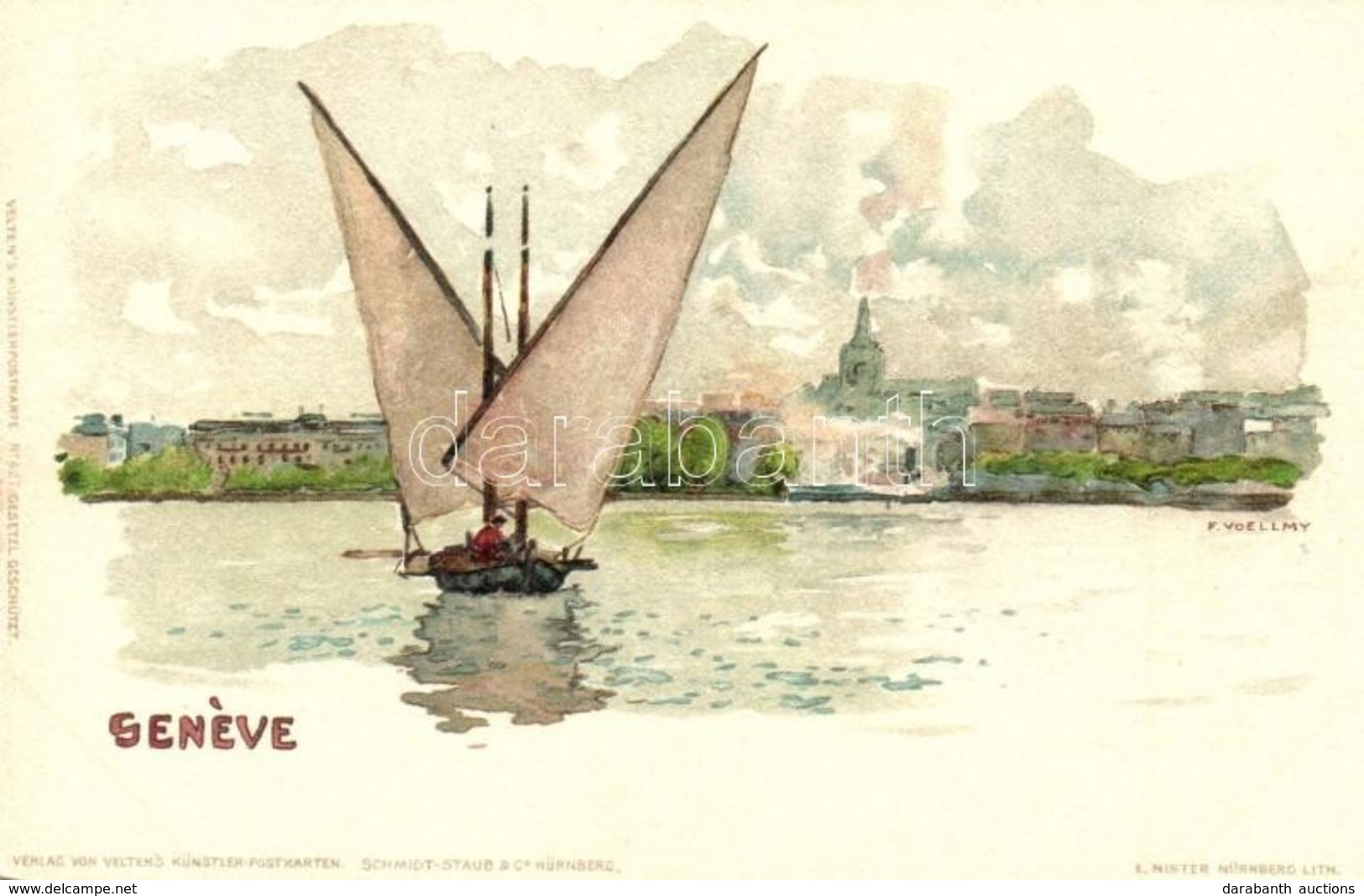 ** T1/T2 Geneva, Geneve; Lake, Boat, E. Nister Litho S: F. Voellmy - Unclassified