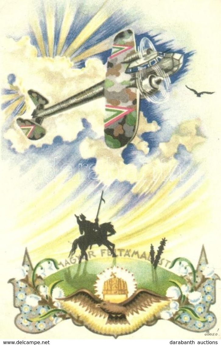 T2/T3 Magyar Feltámadást! / Hungarian Irredenta Art Postcard With Aircraft S: Bozó (EK) - Unclassified